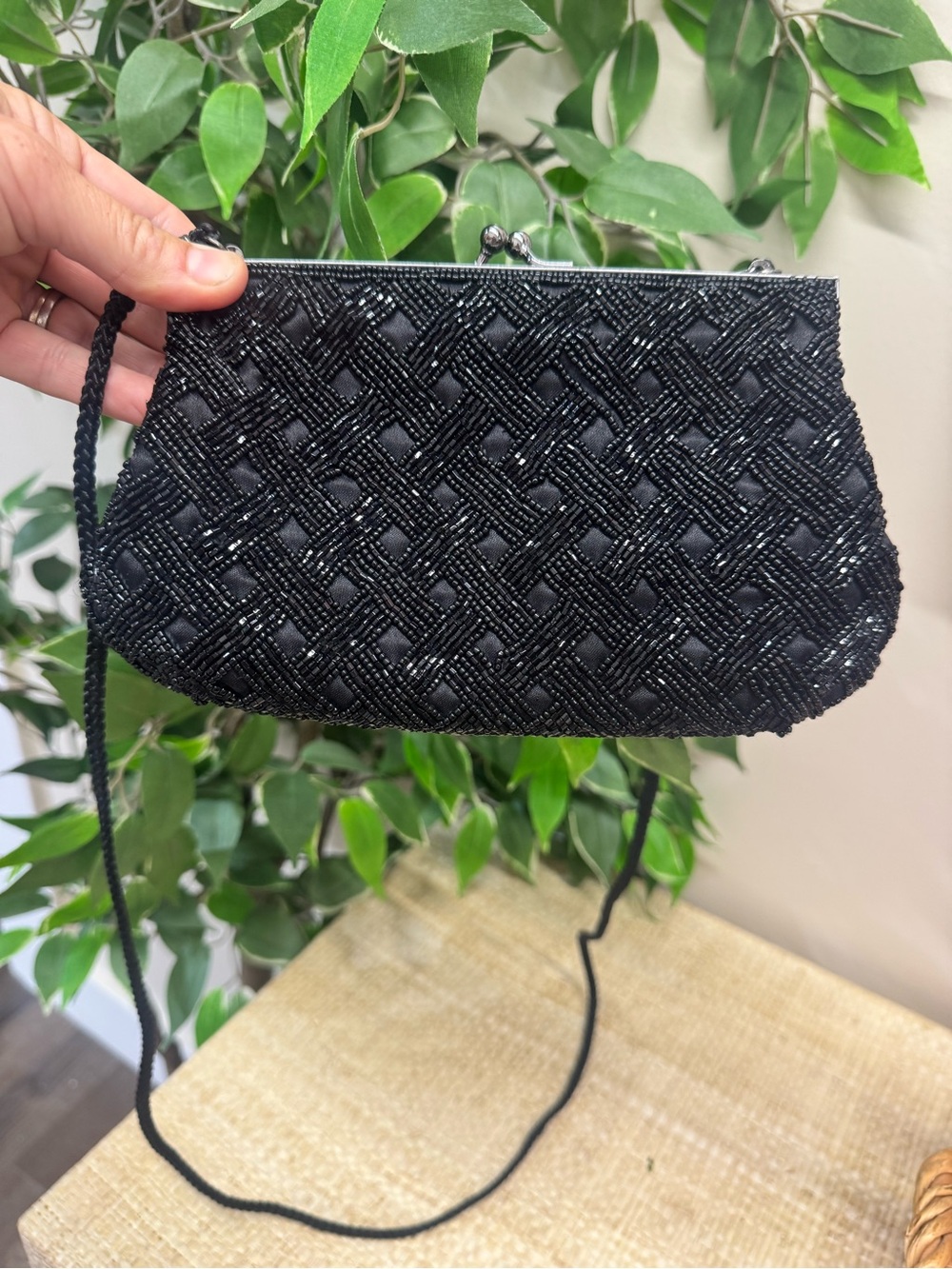 Vintage Y2K Lancome Black Beaded Satin Kiss Lock Cocktail Clutch Bag